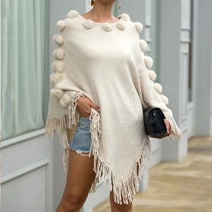 Herfst Winter Trui Gebreide Poncho Met Kwastje Witte Nepbont Cape Sjaals Voor Vrouwen Losse Effen Cape Kostuum Uitloper 240110