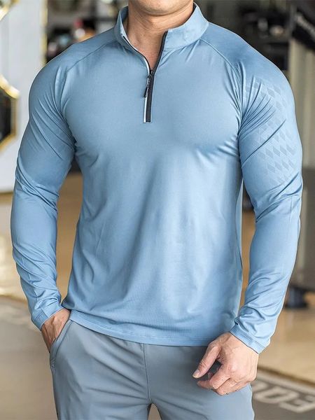 Automne hiver course à pied Gym hommes chemise à manches longues t-shirts ajustement élastique entraînement sportif Fitness séchage rapide col zippé Polo T 240119