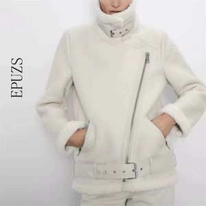 Herfst winter sjerpen PU faux lederen jas jas vrouwen solide rits casual dikke warme wol lam jassen uitloper streetwear 210521