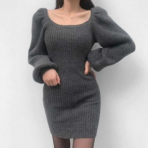 Herfst Winter Sexy Square Collar Puff Sleeve Gebreide Skinny Jurk Dames Casual Solid Color Mini Dress Office Lady Trui Nieuwe Y0825