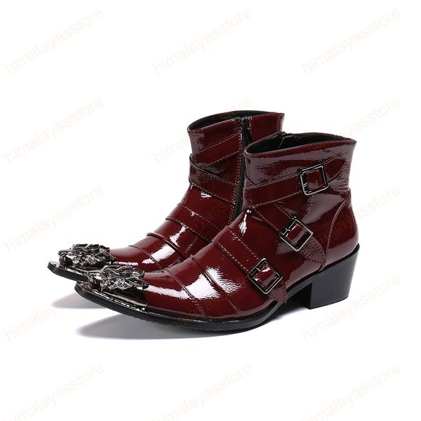 Automne hiver chaussures en cuir verni hommes bottes métal bout pointu talon haut robe de soirée bottes mâle fermeture éclair moto bottines