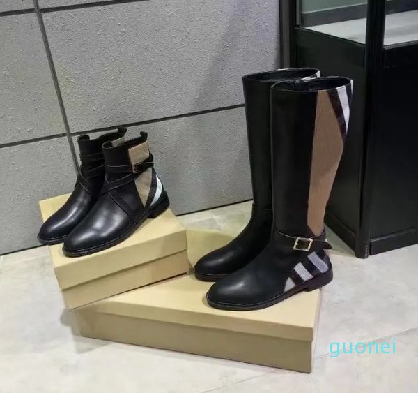 Otoño invierno Botas cortas mujer cuero de vaca Cinturón de metal Hebilla zapato de diseñador Bota larga de barril alto 100% Cuero dama moda tela zapatos de mujer Tamaño grande