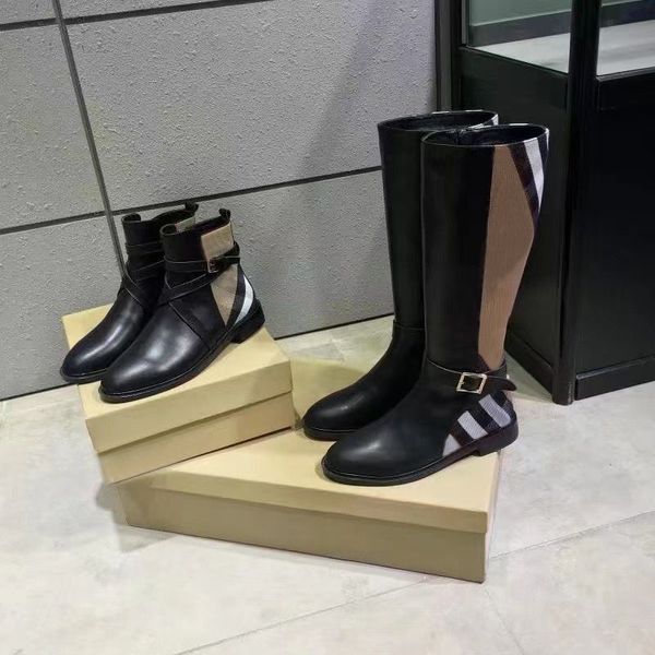 Otoño invierno Botas cortas mujer cuero de vaca Cinturón de metal hebilla zapato de diseñador Bota larga de barril alto 100% cuero dama moda tela zapatos de mujer