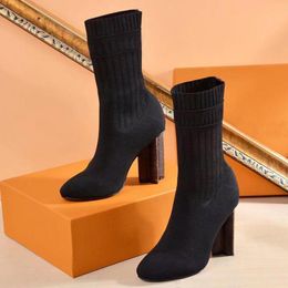 herfst winter sokken hak hiel laarzen mode sexy gebreide elastische boot ontwerper alfabetische vrouwen schoenen dame letter dikke hoge hakken groot formaat 37-42 US4-US11 met doos