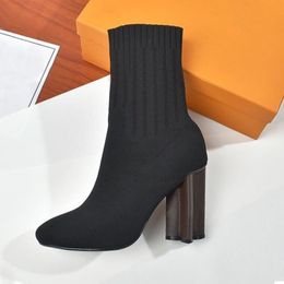 herfst winter sokken hak laarzen mode sexy Gebreide elastische laars ontwerper Alfabetische vrouwen schoenen dame Brief Dikke hoge hakken Grote