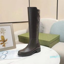 Autumn winter Soft cowhide Long boots real leather zipper black women shoes letters Tall barrel Knight Boots designer shoe lady Flat knee boot Large size 35-42