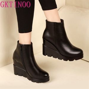 Autumn Winter Soft Leather Platform Hoge Heel Girl Wedges Enkle Boots Shoes For Woman Fashion Boots Women Maat 3440 201104