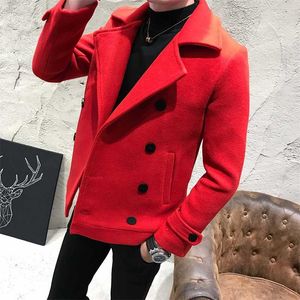 Herfst Winter Effen Kleur Overjas Wollen Jas Rood Zwart Smart Casual Mens Wol Jas Jassen Jassen Slanke Fit Mens Pea Coat 211122