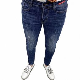 herfst winter sticker donkerblauw slim fit cropped jeans heren kleine voeten geen ir spirit guy stretch potlood denim designer broek g8aG#