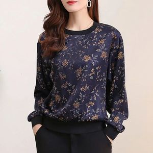 Automne Hiver Élégant Vintage Tops Plante Fleurs Art Imprimé Patchwork Col Rond T-shirt Lâche À Manches Longues Vêtements Pour Femmes 240124