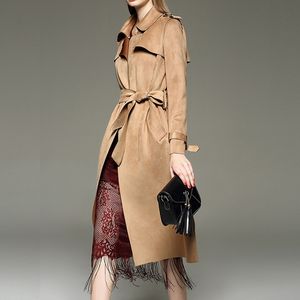 Herfst Winter Suède Dames Lange Trench Coats Camel Sjeres Windbreaker Jas Roze ArmyGreen Grijze Bovenkleding 201102