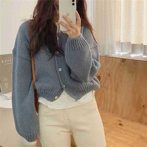 Herfst Winter Trui Tops Koreaanse stijl Lange mouwen V-hals Solid Single Breasted Gebreide Cardigan Jas 210525