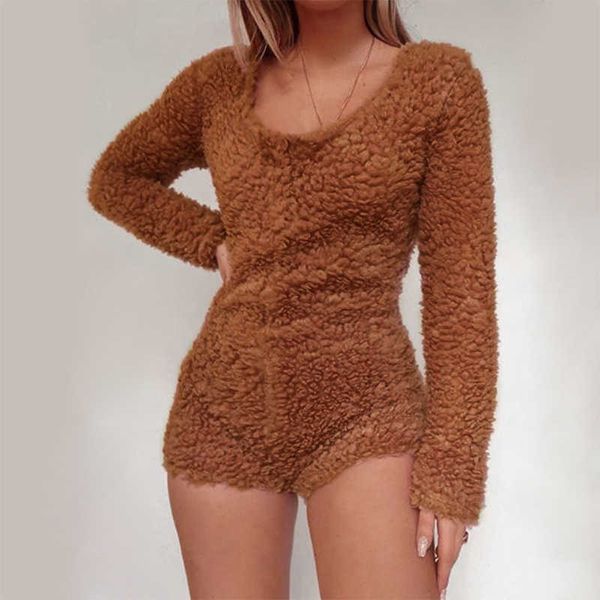 Automne Hiver Teddy En Peluche Femmes Combishorts Casual O Cou À Manches Longues Mince Combinaisons Courtes Dames Chaud Doux Moulante Fourrure Barboteuses 210526