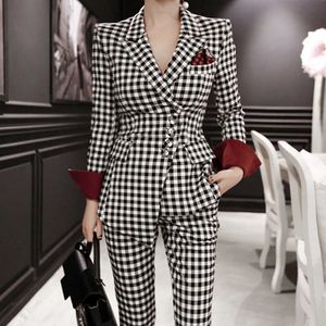 Herfst Winter Temperament Mode Lange Mouw Asymmetrische Plaid Blazer + Broek Elegant Casual Tweedelige Suit 210529