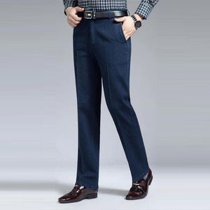 Pantalones De Hombre Otoño Invierno Gruesos Hombres Jeans Cintura Alta Rectos Sueltos Elásticos Negocios Casual Vaquero Pantalones De Mezclilla Edad Media Verano