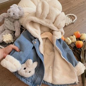 Herfst winter dikker warme babymeisjes denim jas schattige pluche konijn oren capuchon lagen voor meisjeskinderen bovenkleding 28y 240105