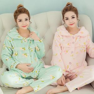 Automne hiver épaissi flanelle femmes enceintes pyjamas corail velours alimentation vêtements maternité allaitement maison vêtements 240119