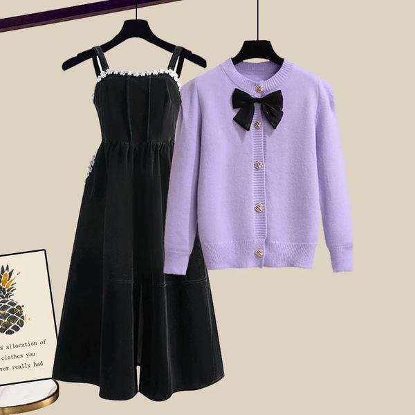 Magnifique ensemble jupe violet, petit pull à nœud parfumé avec robe canari, deux pièces, mode automne/hiver de cette année, 240112