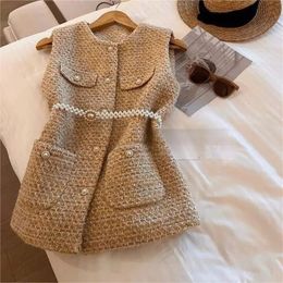 Automne hiver Tweed veste sans manches Vintage laine gilet femmes vêtements mince boutons poche Waitstcoat coréen mode manteau 240226