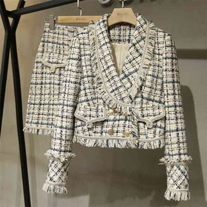 Herfst winter tweed twee stuk set vrouwen mode Koreaanse wollen jas jas + mini rok sets voor 2 outfits 210514