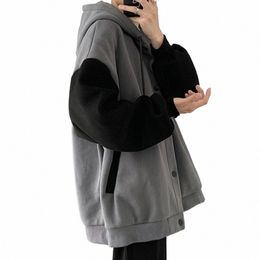 Otoño invierno chaqueta unisex bloque de color patchwork con capucha sudadera de felpa abrigo de un solo pecho a prueba de frío espesar abrigo de pareja B4Ff #