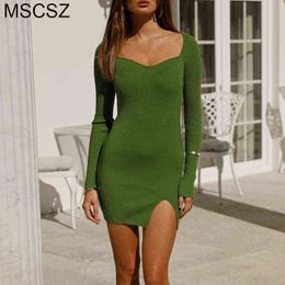 Herfst winter v-hals gebreide jurk vrouwen lange mouw bodycon jurk wit groen elegante mini trui jurk voor nieuwjaar 2022 y220413