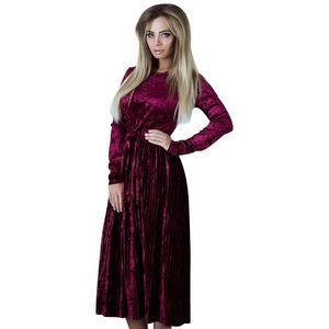 Herfst winter fluwelen jurk vrouwen mode solide sjerpen regulier lange geplooide sexy es vestidos gewaden 210607