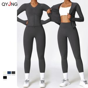 Herfst Winter Fluwelen Gym Set Dames Trainingspak Lange Mouw Jasleggings Trainingspak voor Fitness Yoga Wear Zwarte Sport Outfit 240112