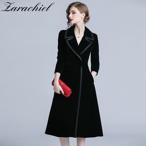 Automne Hiver Velours Trench-Coat Femmes Abrigo Mujer Long Élégant Entaillé Outwear Femme Pardessus Slim Noir Cardigan Trench T200828