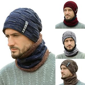 Herfst Winter Fluwelen Warm Gebreide Bib Hoeden Beanie Hoeden Wol Heren Hoeden Buitenrijden Mode Hoed 2-Stuks