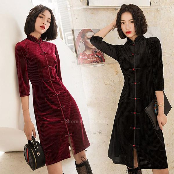 Ropa étnica Otoño Invierno Terciopelo Mujeres Cheongsam Vestido Tradicional Chino Vestidos de novia para niña Año Elegante Qipao Tang Traje