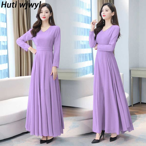 Autunno Inverno Vintage Chiffon Boho Midi Dress 2021 4XL Plus Size Sexy Casual Maxi Abiti Donna Party Manica lunga Abiti neri Y0726