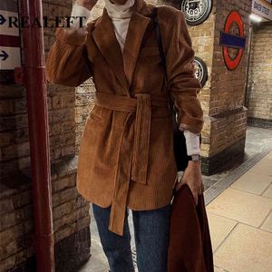 Automne hiver Vintage velours côtelé Blazer ceintures à manches longues simple boutonnage col rabattu femmes veste femme 210428