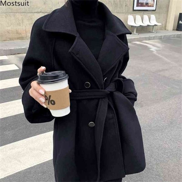 Automne hiver Vintage élégant lâche longue laine manteau femmes manches Double boutonnage à lacets dames manteaux noir 210513