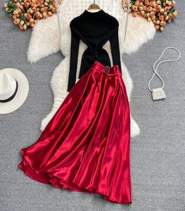 Autumn Winter Vintage Women Party Two -Piece Dress Black Knitted Tops High Taille Satin Rok Suits Vrouw nieuwe Fashion 20227611507