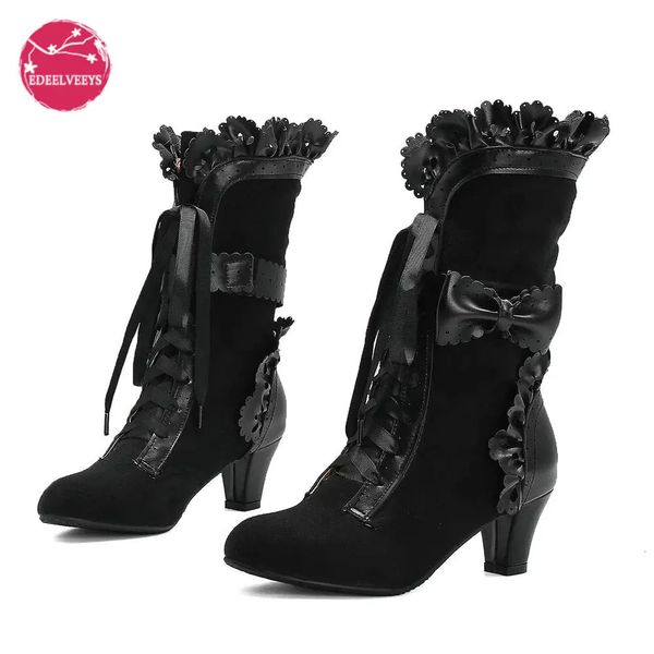 Automne Hiver Vintage Femmes Bottes Victorien Lacet Up Up High Heel Botie Ruffle Trim Lolita Princess Cosplay Tea Party Costume Shoes 240124