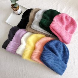 Automne hiver chaud mignon tricoté chapeau femmes lapin fourrure laine Angora tricot bonnets filles coréennes mode Ins couleur unie chapeau froid