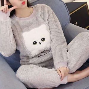 Herfst winter warm flanel vrouwen pyjama sets dikke koraal fluwelen lange mouw cartoon nachtkleding flanel pyjama set meisje 210928