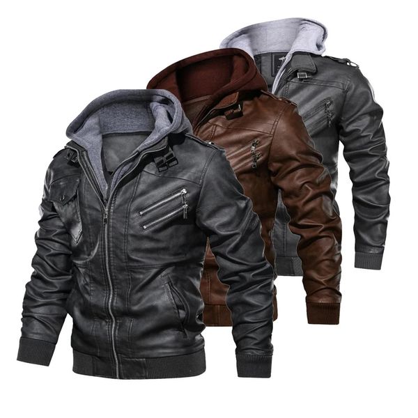 Automne hiver coupe-vent hommes veste en cuir pardessus chaud PU Biker veste manteau avec capuche mode veste décontractée vêtements masculins 240226