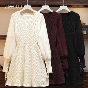 Herfst Winter Vrouw Casual Slanke Jacquard Knit Jurk Twist Weven Vintage Puff Sleeve Elastische Band Basis Trui A-Lijn Jurk 4XL