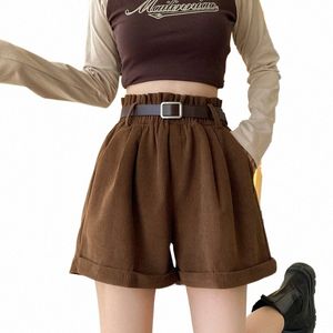 Herfst Winter Vrouw Corduroy Shorts Met Riem 2023 Elastische Taille Losse Crim Vintage Korte Broek Voor Laarzen L4FT #