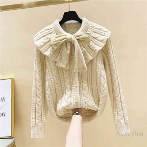 Herfst Winter Vrouw Kant-Up Bow Twist Doll Kraag Dikke Knit Cardigan Jas Losse Knitted Trui Jumper Studenten A4474 210428