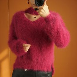 Automne hiver femmes angora lapin à manches longues pulls tricotés pull garder au chaud col découpé col en V pour 2020 LJ201113