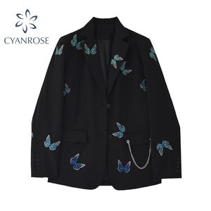 Otoño Invierno Mujer Blazer Abrigo de manga larga Estilo coreano vintage gótico Harajuku Bolsillos casuales Chaquetas negras Prendas de abrigo con muescas 210417