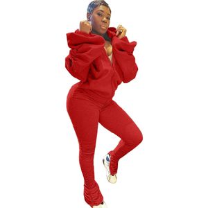 Herfst Winter Dames Casual Tweedelige Broek Set Top Solid Hooded Puff Sleeve Backless Pants Trainingspak Sweatsuit Outfits