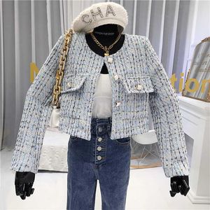 Herfst winter vrouwen crop top koreaanse vintage tweed jas jas hoge kwaliteit kleine geur elegante korte wollen uitloper 210930