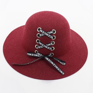 Herfst winter vrouwen koepel pet hoed mode dame wol vilt fedora trilby hoeden met brief lint zwart zij vizier Sunhat GH-253