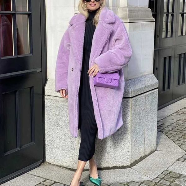 Automne Hiver Femmes Mode Chic Violet Teddy Manteau Boutons Femelles Poches Col À Revers Chaud Vêtements D'extérieur Filles Casual Streetwear 211109