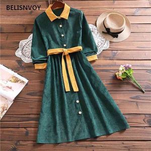 Automne hiver femmes vert robes rétro femme velours côtelé longueur genou bureau dame midi chic élégant avec ceinture robes 210520