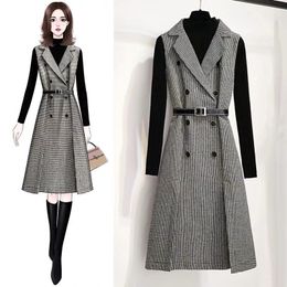 Herfst Winter Dames Houndstooth Mouwloos Gekleed Kraag Double-Breasted Split Office Tweed Plaid MIDI Jurk met Belted Top 210416